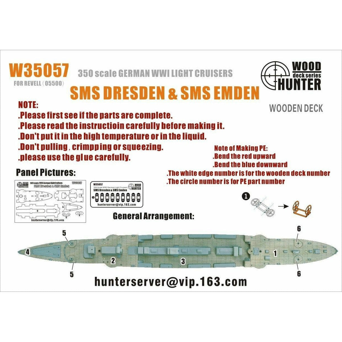 Hunter W35057 1/350 Wood Deck WWI German Light Cruisers SMS Dresden & SMS Emden FOR REVELL 05500 — scale model kit